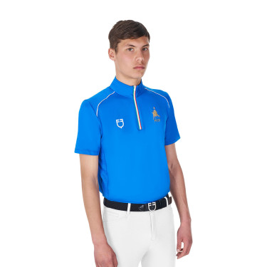 Polo de treino masculino Equestro x FISE com zíper, bandeira italiana, mangas curtas Azul da Savoia
