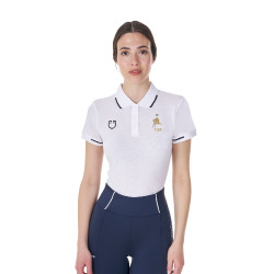 Pólo de treino feminino Equestro x FISE três botões mangas curtas Branco