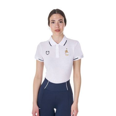 Pólo de treino feminino Equestro x FISE três botões mangas curtas Branco
