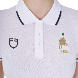 Pólo de treino feminino Equestro x FISE três botões mangas curtas Branco
