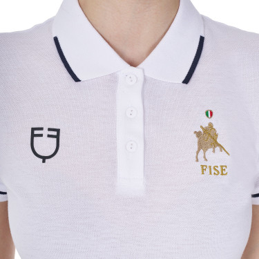 Pólo de treino feminino Equestro x FISE três botões mangas curtas Branco