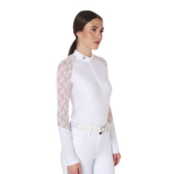 Polo de treino feminino Equestro de mangas compridas com renda Branco Polo de treino feminino Equestro de mangas compridas com renda Branco