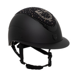 Capacete Equestro fosco com pala larga e logótipo em strass homologado EN 1384-2023 Preto / preto brilhante