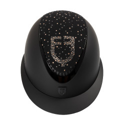 Capacete Equestro fosco com pala larga e logótipo em strass homologado EN 1384-2023 Preto / preto brilhante