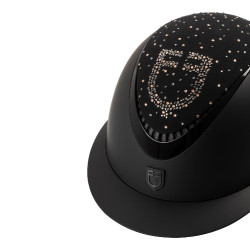 Capacete Equestro fosco com pala larga e logótipo em strass homologado EN 1384-2023 Preto / preto brilhante