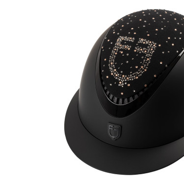 Capacete Equestro fosco com pala larga e logótipo em strass homologado EN 1384-2023 Preto / preto brilhante