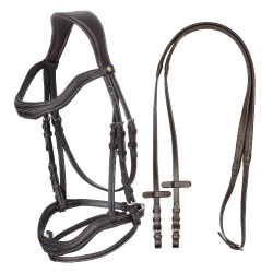 Bridão inglês em couro macio Equestro com pespontos decorativos Castanho escuro
