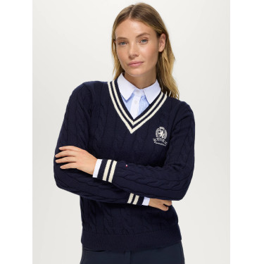 Suéter feminino com gola em V em malha trançada Roseville Tommy Hilfiger Equestrian mulher