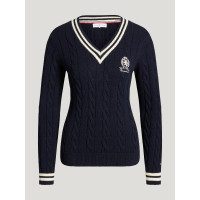 Suéter feminino com gola em V em malha trançada Roseville Tommy Hilfiger Equestrian mulher Céu do deserto Azul