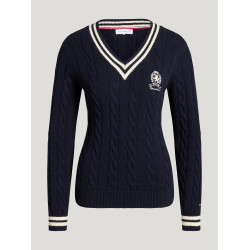 Suéter feminino com gola em V em malha trançada Roseville Tommy Hilfiger Equestrian mulher