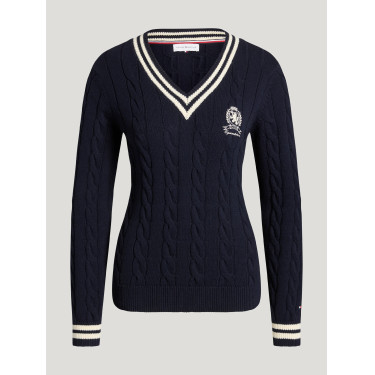 Suéter feminino com gola em V em malha trançada Roseville Tommy Hilfiger Equestrian mulher