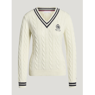 Suéter feminino com gola em V em malha trançada Roseville Tommy Hilfiger Equestrian mulher