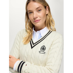 Suéter feminino com gola em V em malha trançada Roseville Tommy Hilfiger Equestrian mulher