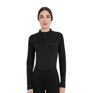 Polo de treino feminino de manga comprida com estampa monograma Equestro mulher Preto