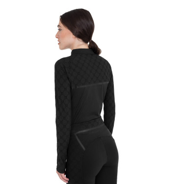 Polo de treino feminino de manga comprida com estampa monograma Equestro mulher Preto