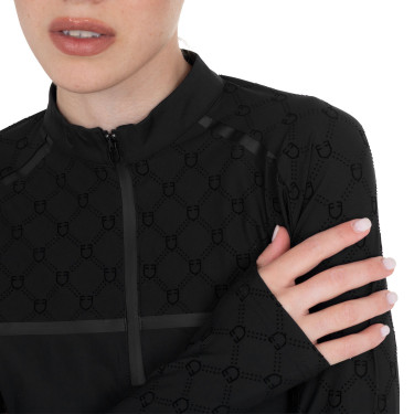 Polo de treino feminino de manga comprida com estampa monograma Equestro mulher Preto