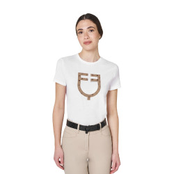 T-shirt feminina com logótipo monograma efeito veludo Equestro mulher Branco / castanho tabaco T-shirt feminina com logótipo monograma efeito veludo Equestro mulher Branco / castanho tabaco