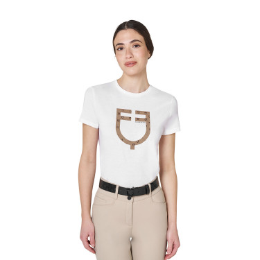 T-shirt feminina com logótipo monograma efeito veludo Equestro mulher Branco / castanho tabaco T-shirt feminina com logótipo monograma efeito veludo Equestro mulher Branco / castanho tabaco