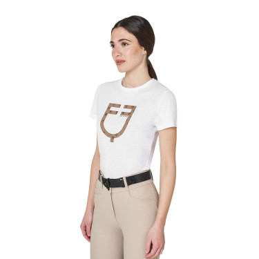 T-shirt feminina com logótipo monograma efeito veludo Equestro mulher Branco / castanho tabaco T-shirt feminina com logótipo monograma efeito veludo Equestro mulher Branco / castanho tabaco