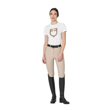 T-shirt feminina com logótipo monograma efeito veludo Equestro mulher Branco / castanho tabaco T-shirt feminina com logótipo monograma efeito veludo Equestro mulher Branco / castanho tabaco