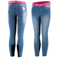 Calça de equitação jeans com grip de silicone integral Poppy infantil Horze Azul Calça de equitação jeans com grip de silicone integral Poppy infantil Horze Azul