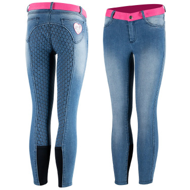 Calça de equitação jeans com grip de silicone integral Poppy infantil Horze