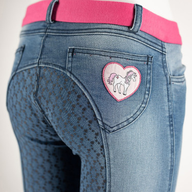 Calça de equitação jeans com grip de silicone integral Poppy infantil Horze Calça de equitação jeans com grip de silicone integral Poppy infantil Horze