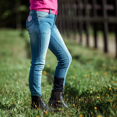 Calça de equitação jeans com grip de silicone integral Poppy infantil Horze Calça de equitação jeans com grip de silicone integral Poppy infantil Horze