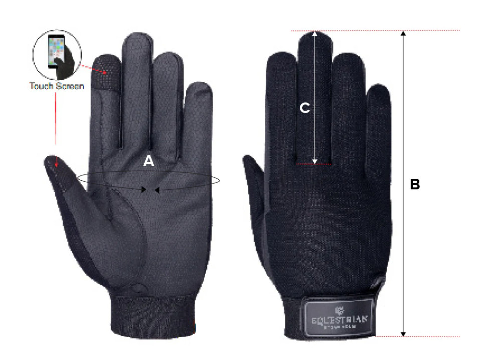 Ilustração do guia de tamanhos para Luvas de equitação Equestrian Stockholm